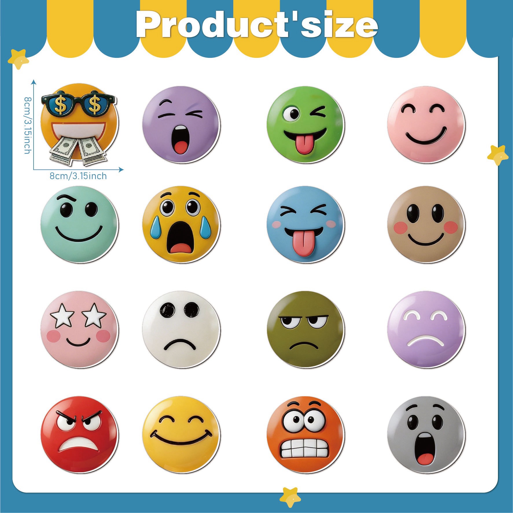 16PCS Cute Expression Fridge Magnets – Funny Emoji Magnetic Decor Set