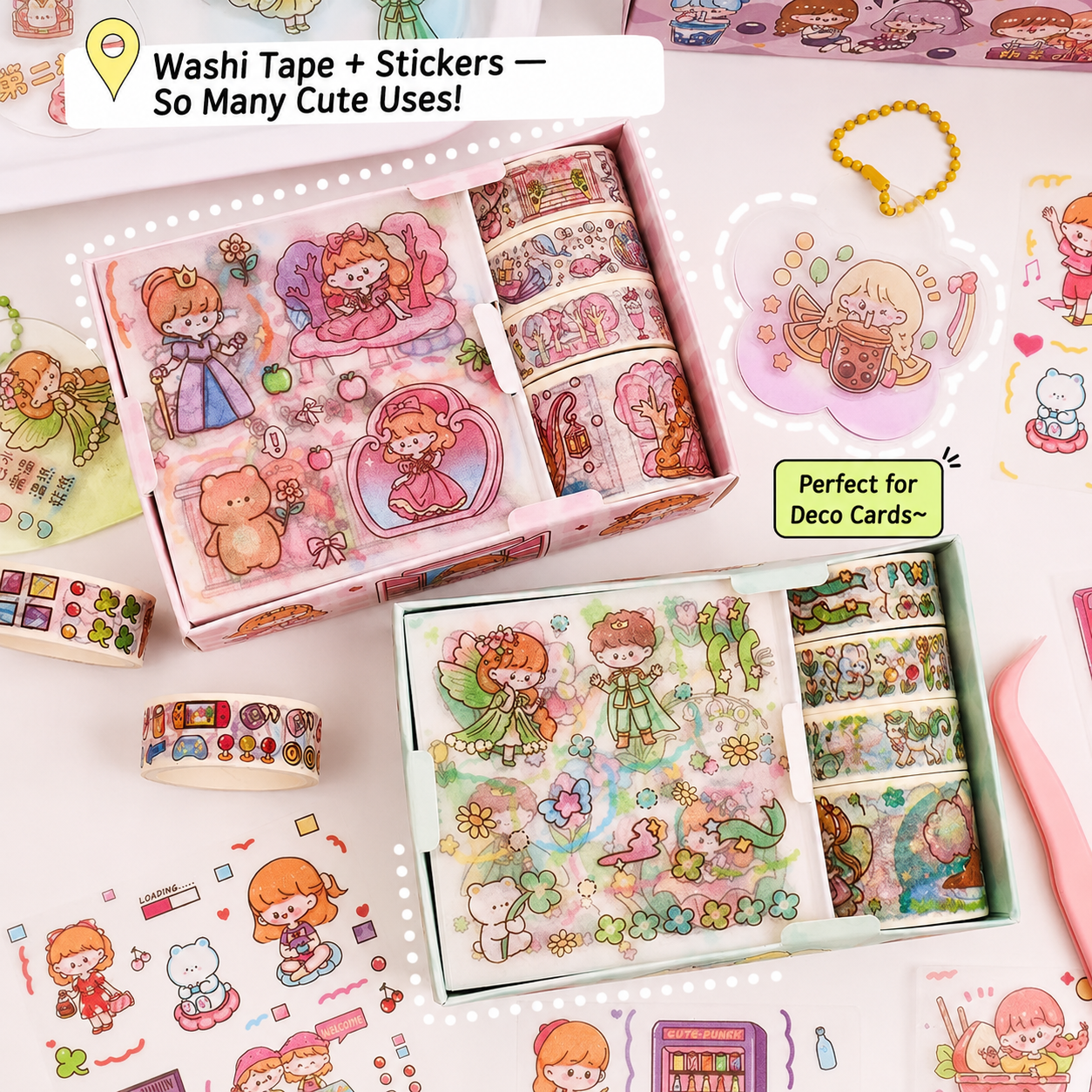 Mini Kit Washi Tape & Stickers Kawaii – Box Illustrée