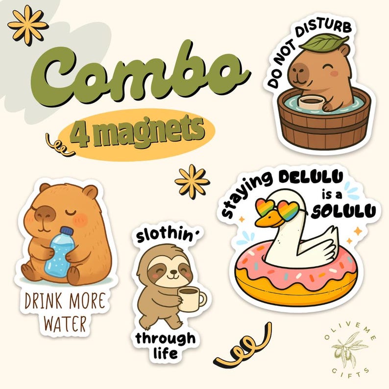 Funny Animal Fridge Magnet Set: Goose, Capybara, Sloth