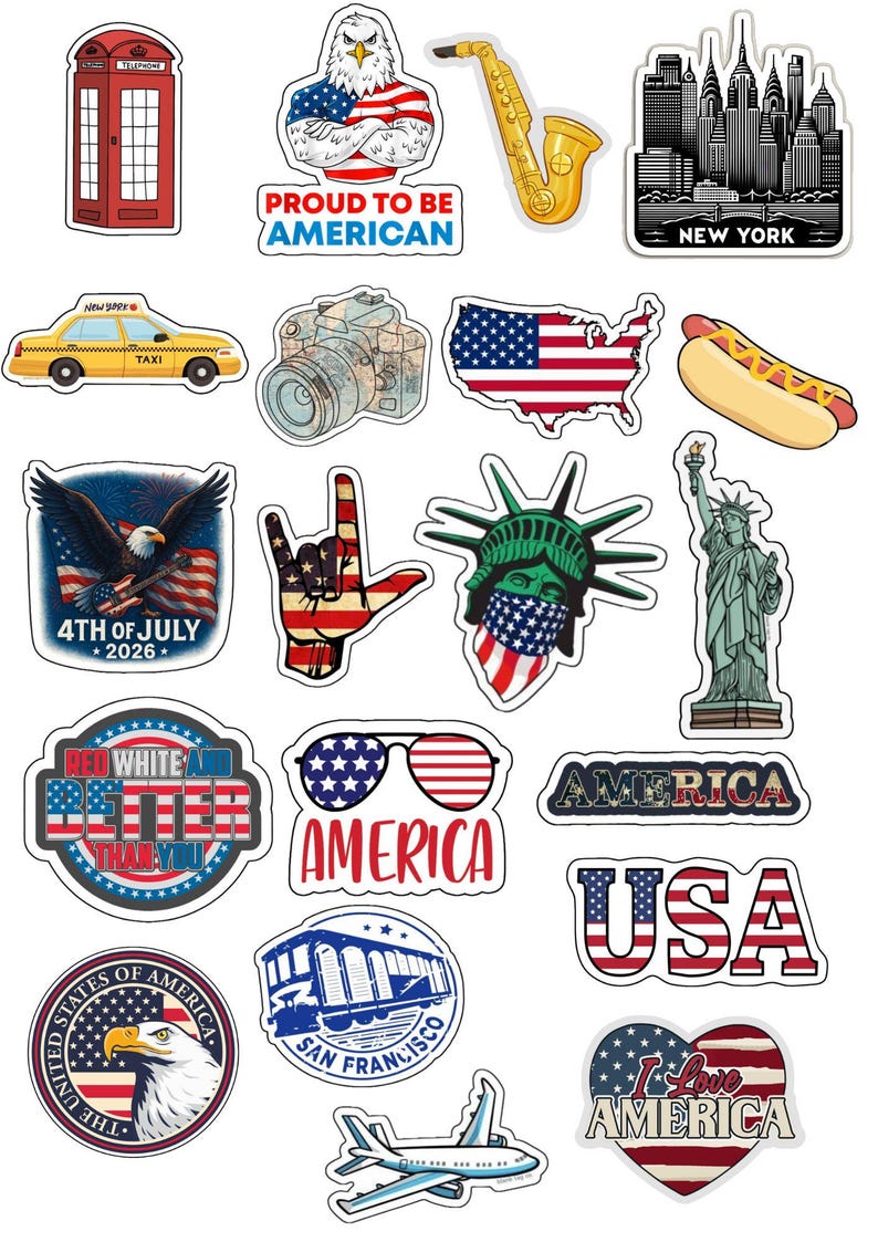 American Stickers Pack – A Fun Collection of USA Inspired Stickers with Patriotic, Retro and Everyday American Lifestyle Designs