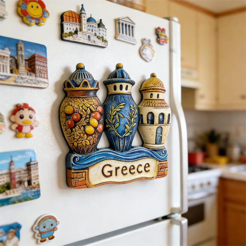 Hand Painted Greek Pottery Fridge Magnet, Travel City Souvenir, Refrigerator Decor