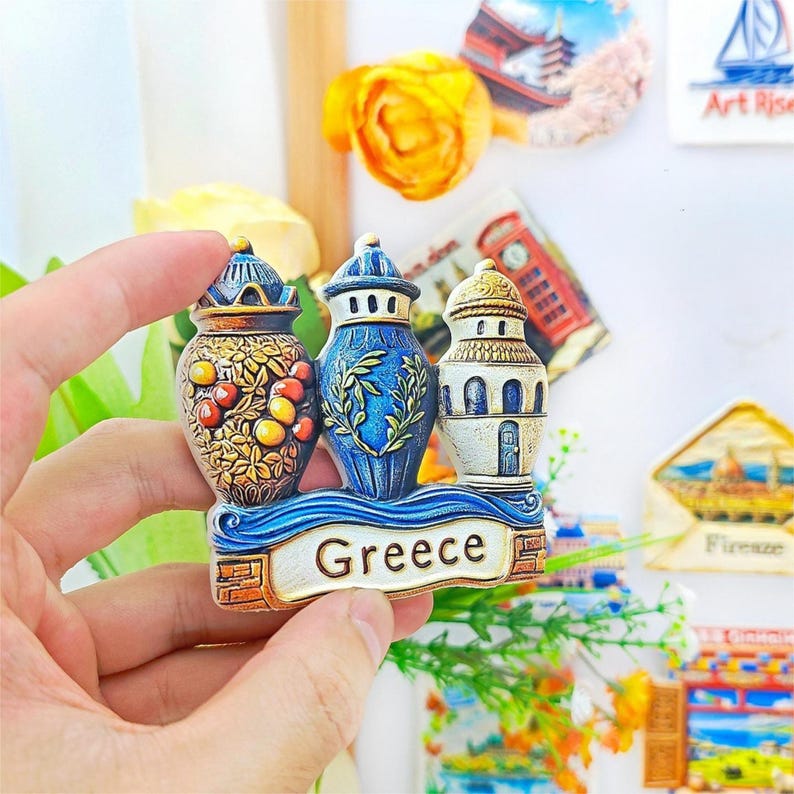 Hand Painted Greek Pottery Fridge Magnet, Travel City Souvenir, Refrigerator Decor
