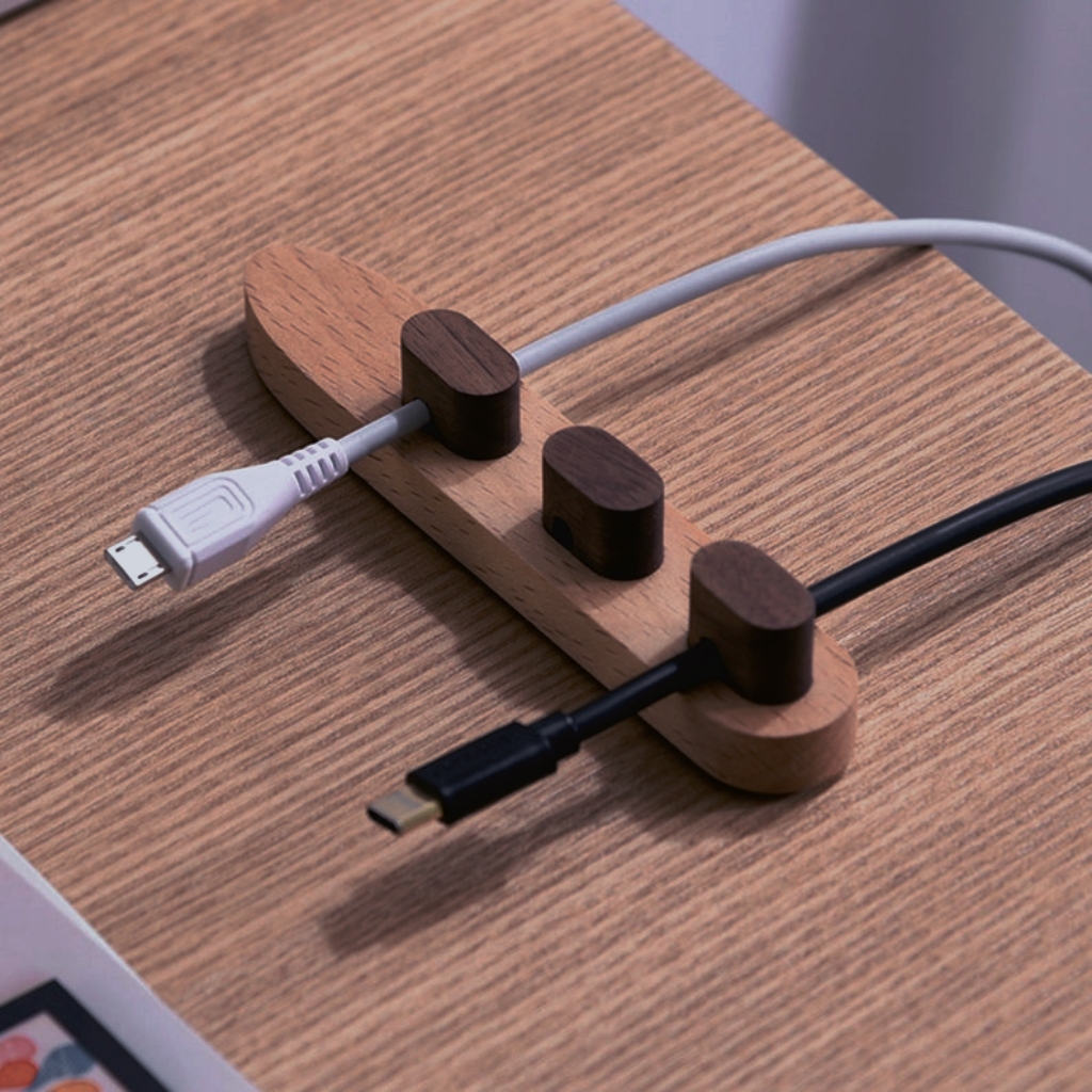 Wooden Cable Organizer with Magnetic Holder – Desk Cord Box