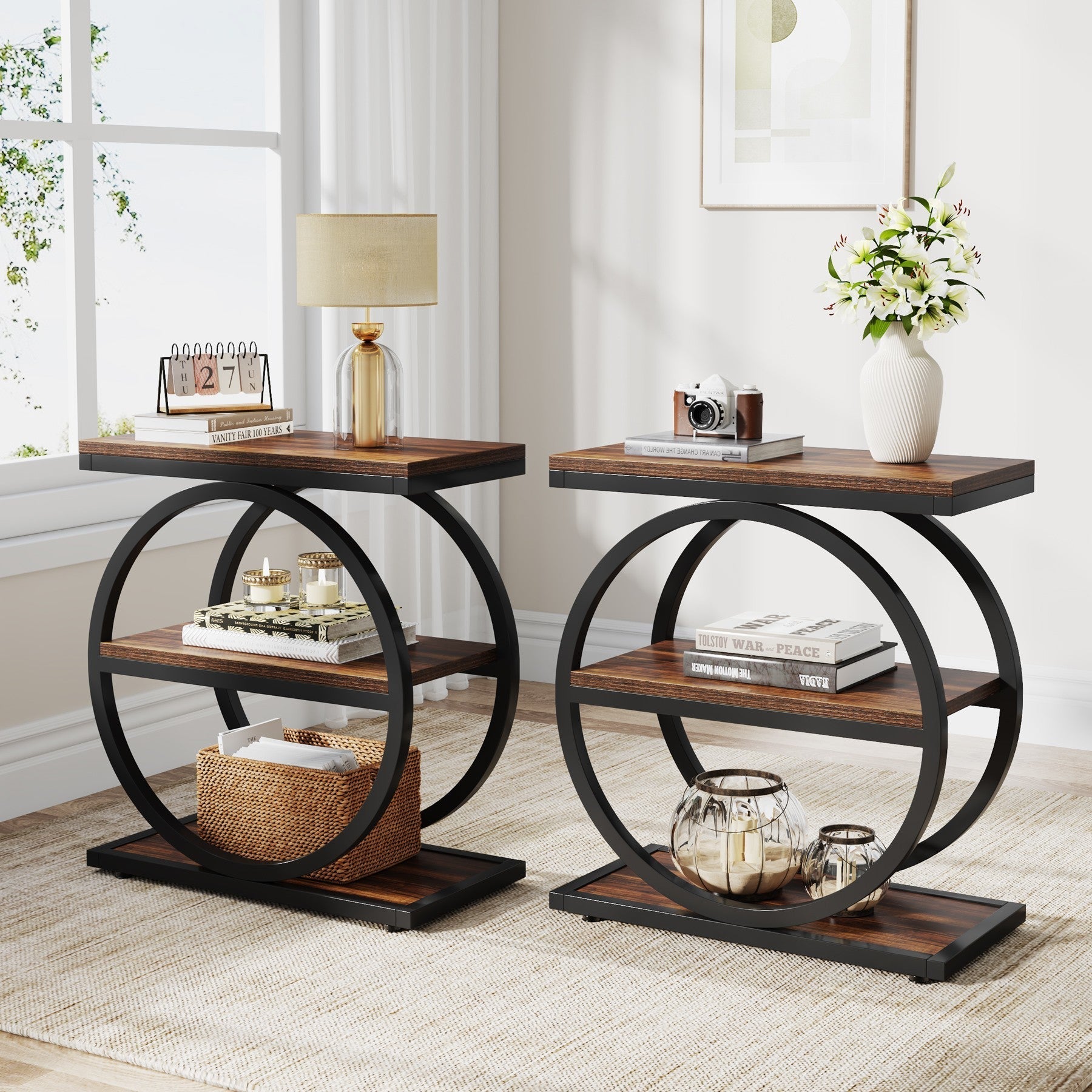 3-Tier End Table, Industrial Sofa Side Table with Round Metal Frame Tribesigns