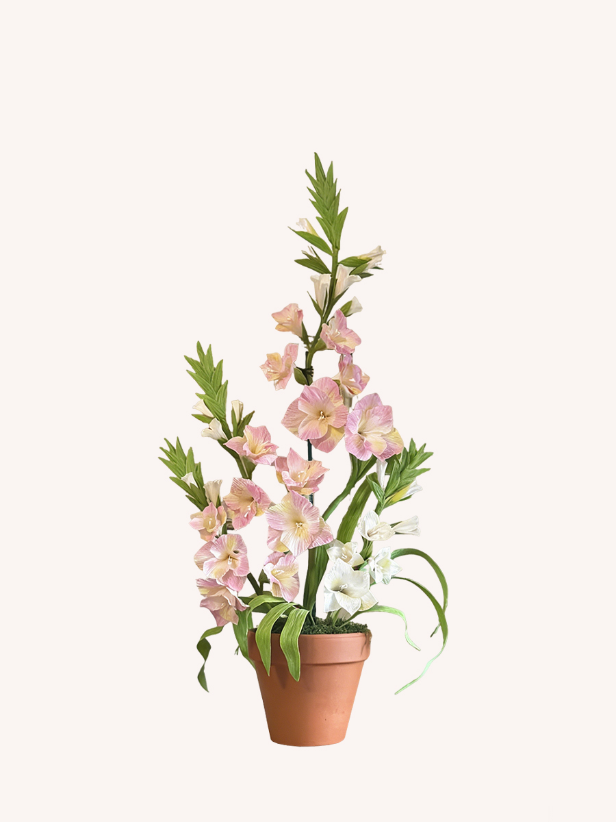 Glaïeuls fleurs en papier crépon réalistes en pot de terre cuite
