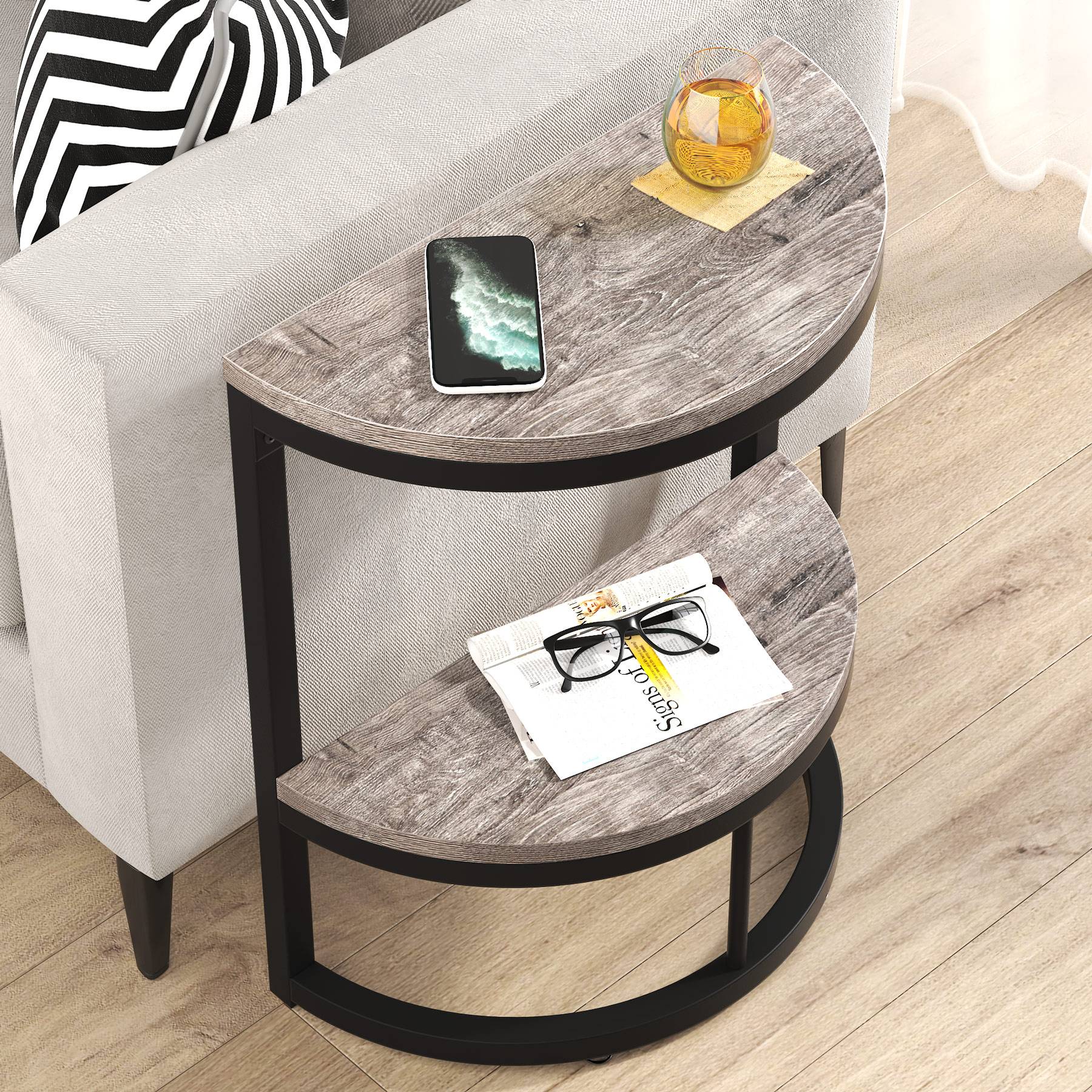 End Table, Half Round Narrow Side Table with Metal Frame Tribesigns