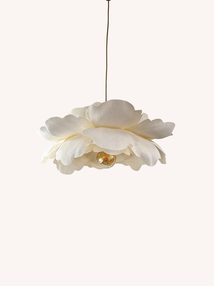 Abat-jour en papier crépon fleur crème 70 cm, suspension plafonnier floral