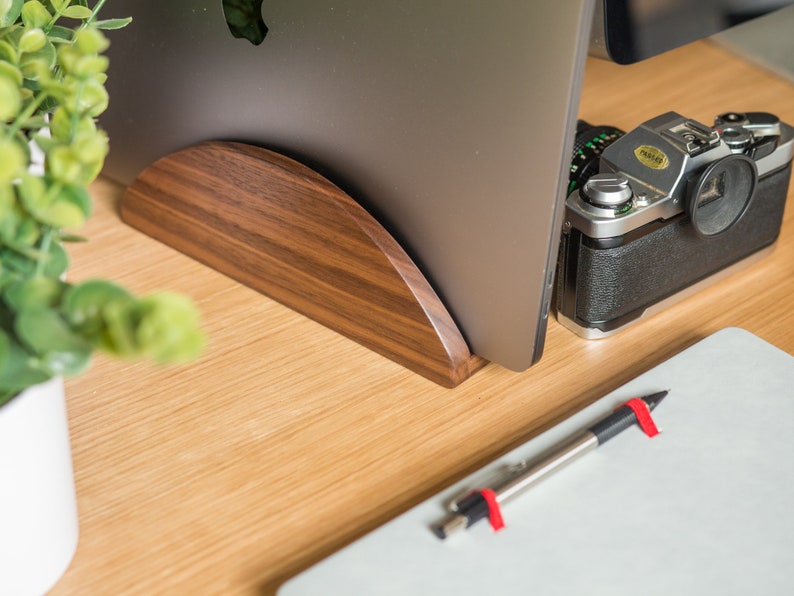 Walnut Vertical Laptop Stand: MacBook, iPad, Office Desk Organizer
