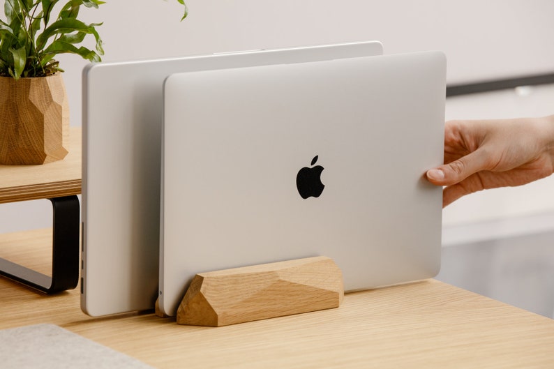 Dual Oak Vertical Laptop Stand Desk Organizer