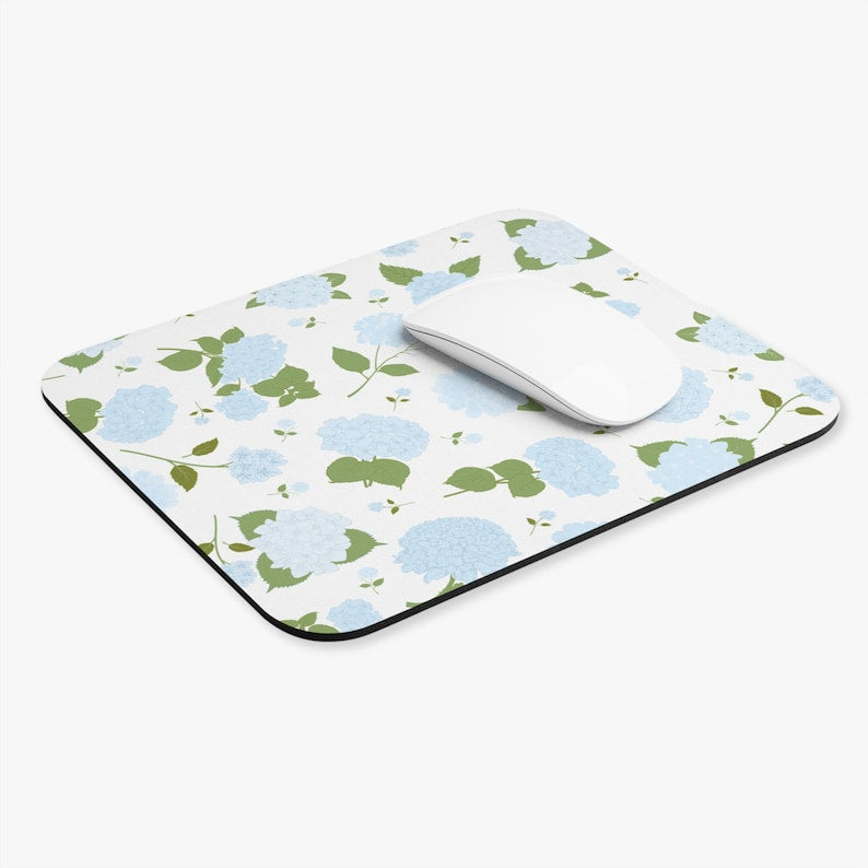 Blue Green Floral Mouse Pad, Hydrangea Mousepad, Grand Millennial Coastal Grandma Desk Decor, Blue Hydrangea Desk Mat, Dorm Room Decor