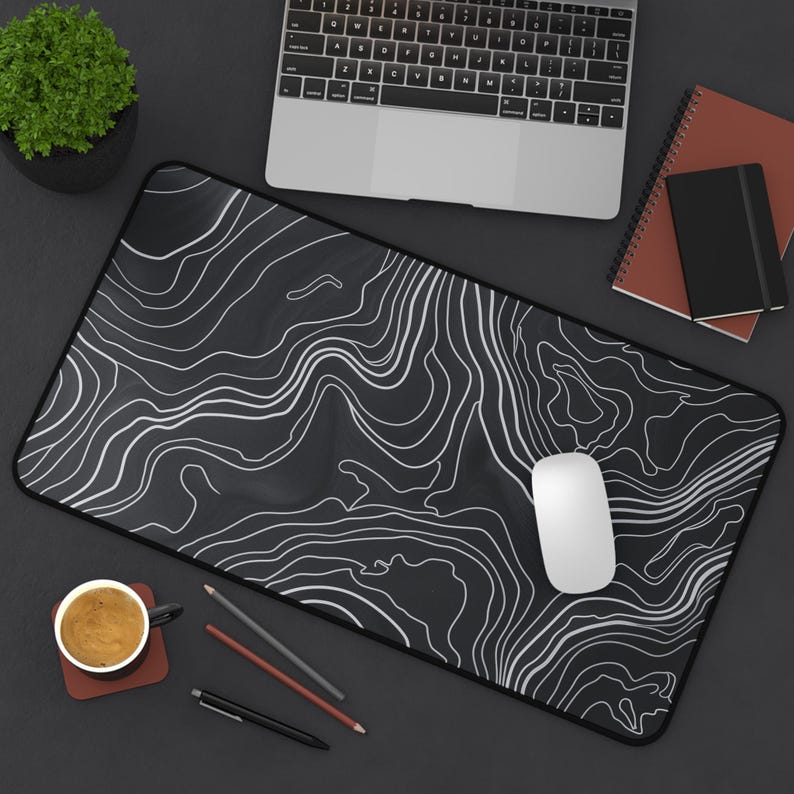 Black White Topography Mouse Pad Abstract Desk Mat