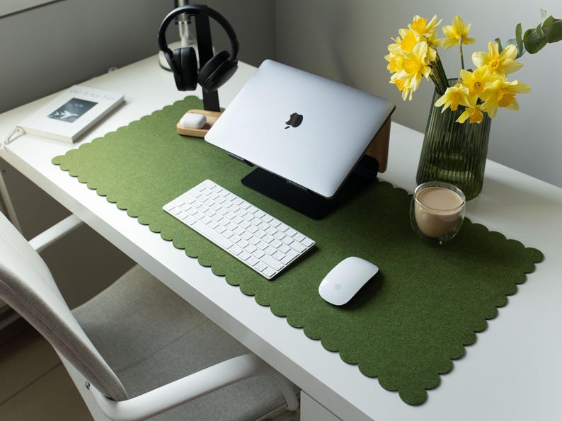 Felt Desk Mat Scalloped Edges, Green Desk Pad Aesthetic, Large Cute Mousepad Sister Gift, Employee Appreciation Gift, Women Desk Accessories