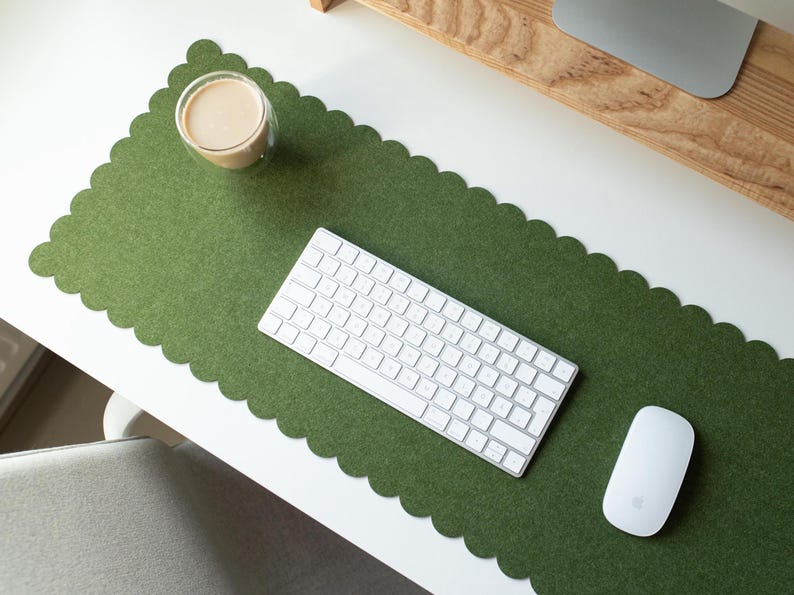 Felt Desk Mat Scalloped Edges, Green Desk Pad Aesthetic, Large Cute Mousepad Sister Gift, Employee Appreciation Gift, Women Desk Accessories