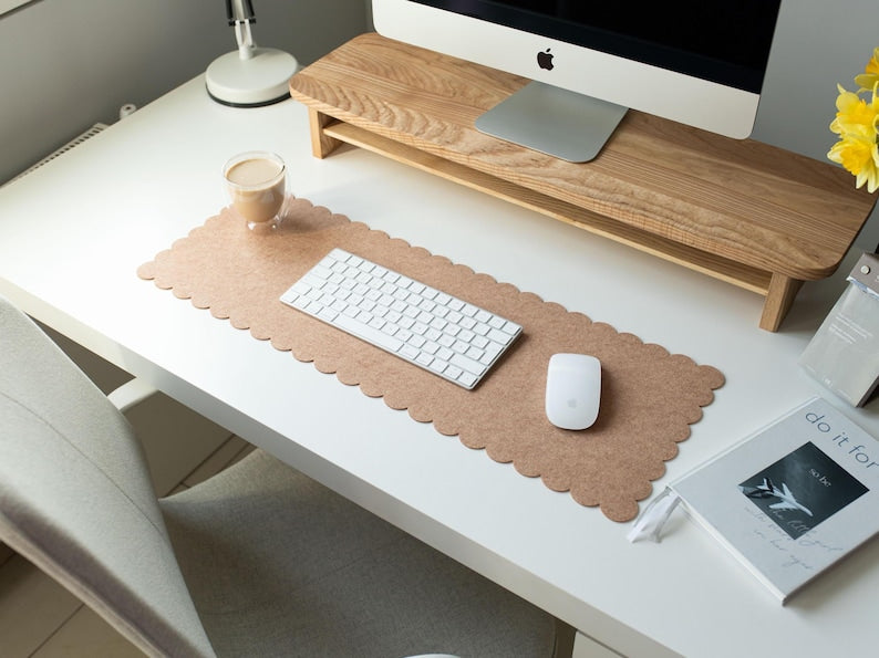 Felt Desk Mat Scalloped Edges, Green Desk Pad Aesthetic, Large Cute Mousepad Sister Gift, Employee Appreciation Gift, Women Desk Accessories