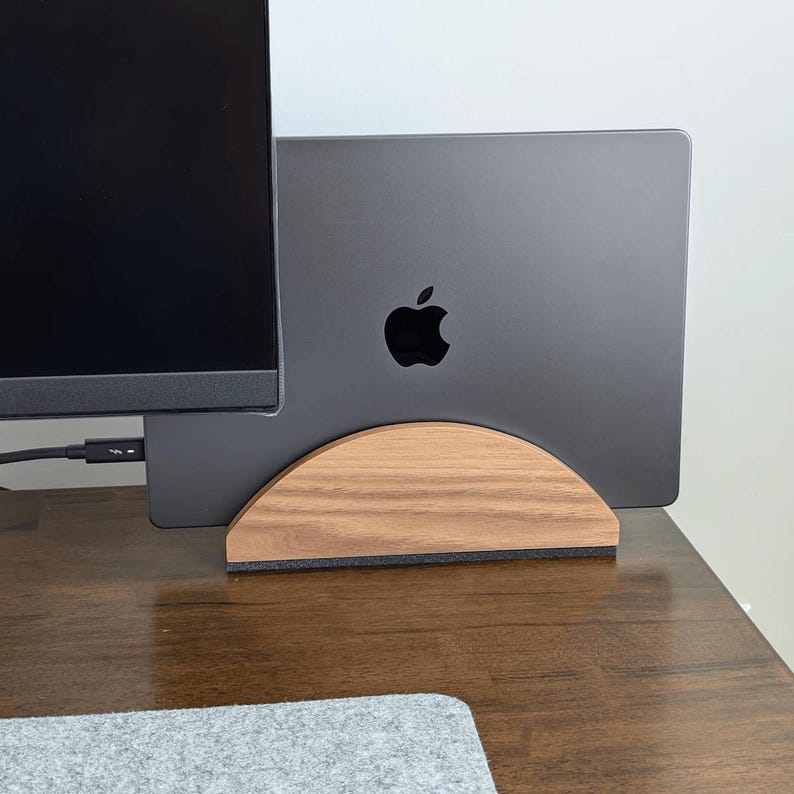 Walnut Vertical Laptop Stand: MacBook, iPad, Office Desk Organizer