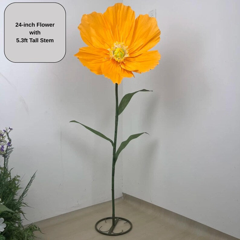 Fleur géante en papier crépon pavot 24 pouces tige 1,6 m décoration