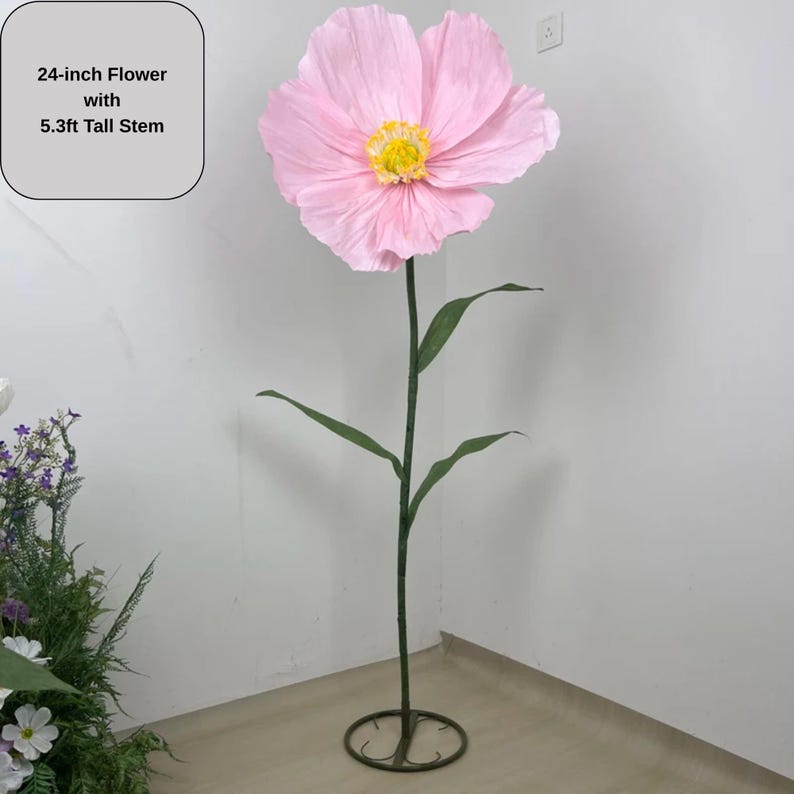Fleur géante en papier crépon pavot 24 pouces tige 1,6 m décoration