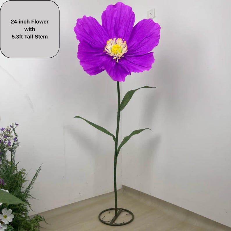 Fleur géante en papier crépon pavot 24 pouces tige 1,6 m décoration