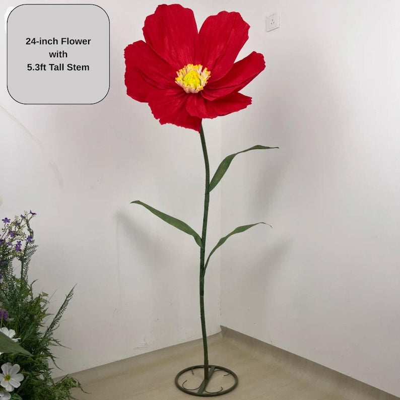 Fleur géante en papier crépon pavot 24 pouces tige 1,6 m décoration