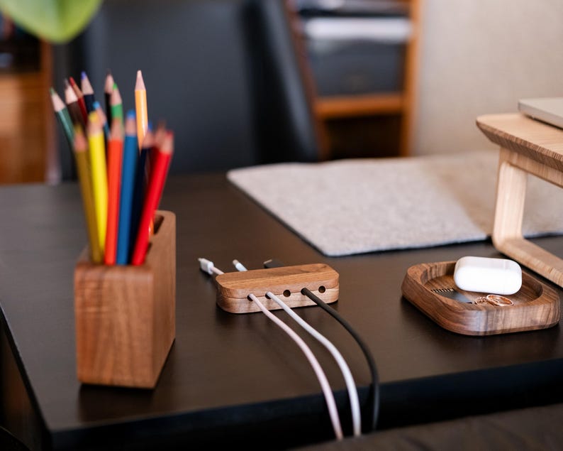 Wooden Cable Organizer, Custom Magnetic Cord Holder, Personalized Wire Management for Desk
