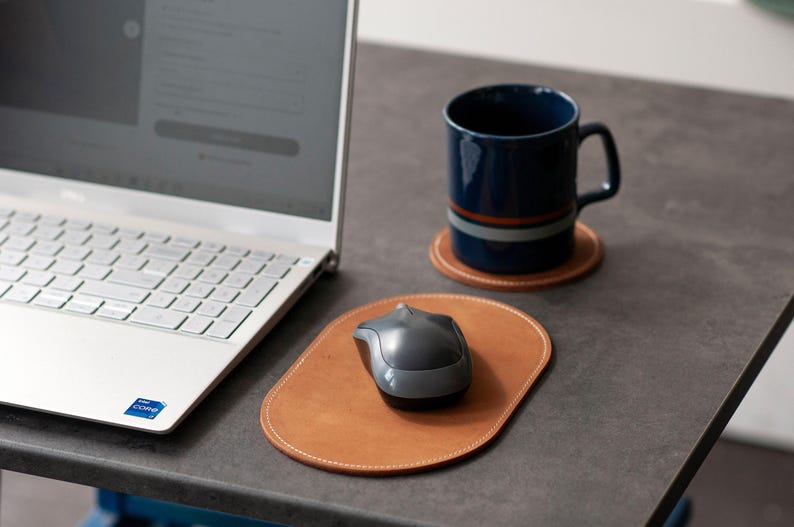 Personalized Small Leather Mouse Pad, Oval Desk Pad for Tight Spaces, Coffee House Desk Pad 3rd Anniversary Gift For Husband Wife