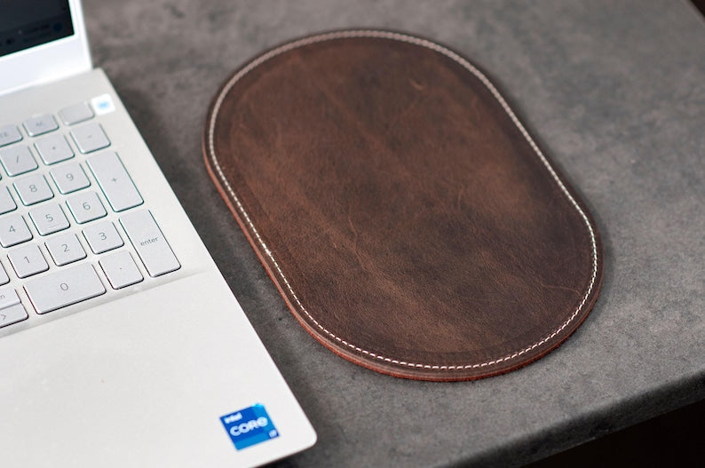 Personalized Small Leather Mouse Pad, Oval Desk Pad for Tight Spaces, Coffee House Desk Pad 3rd Anniversary Gift For Husband Wife