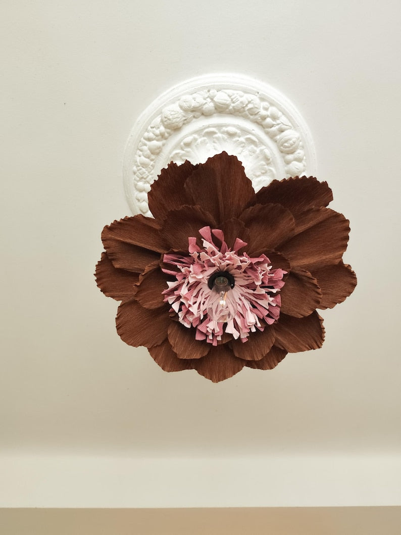 Abat-jour fleuri surdimensionné fait main - Suspension en papier crêpe marron cacao, éclairage fantaisiste pour chambre de bébé et de chambre