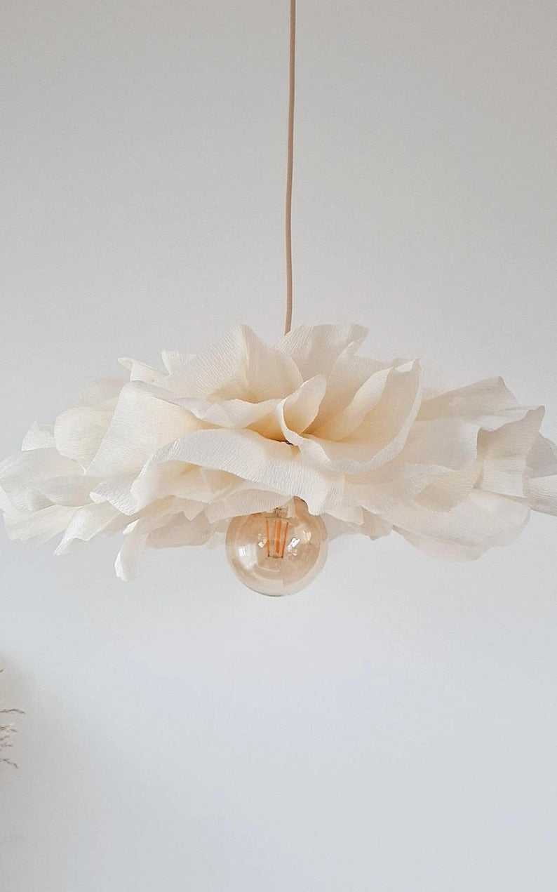 Suspension fleur crème faite main, 50 cm de diamètre, plafonnier en papier écru, éclairage floral bohème