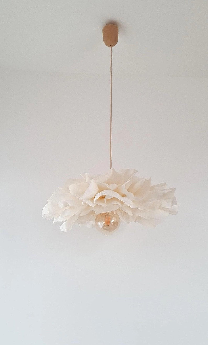 Suspension fleur crème faite main, 50 cm de diamètre, plafonnier en papier écru, éclairage floral bohème