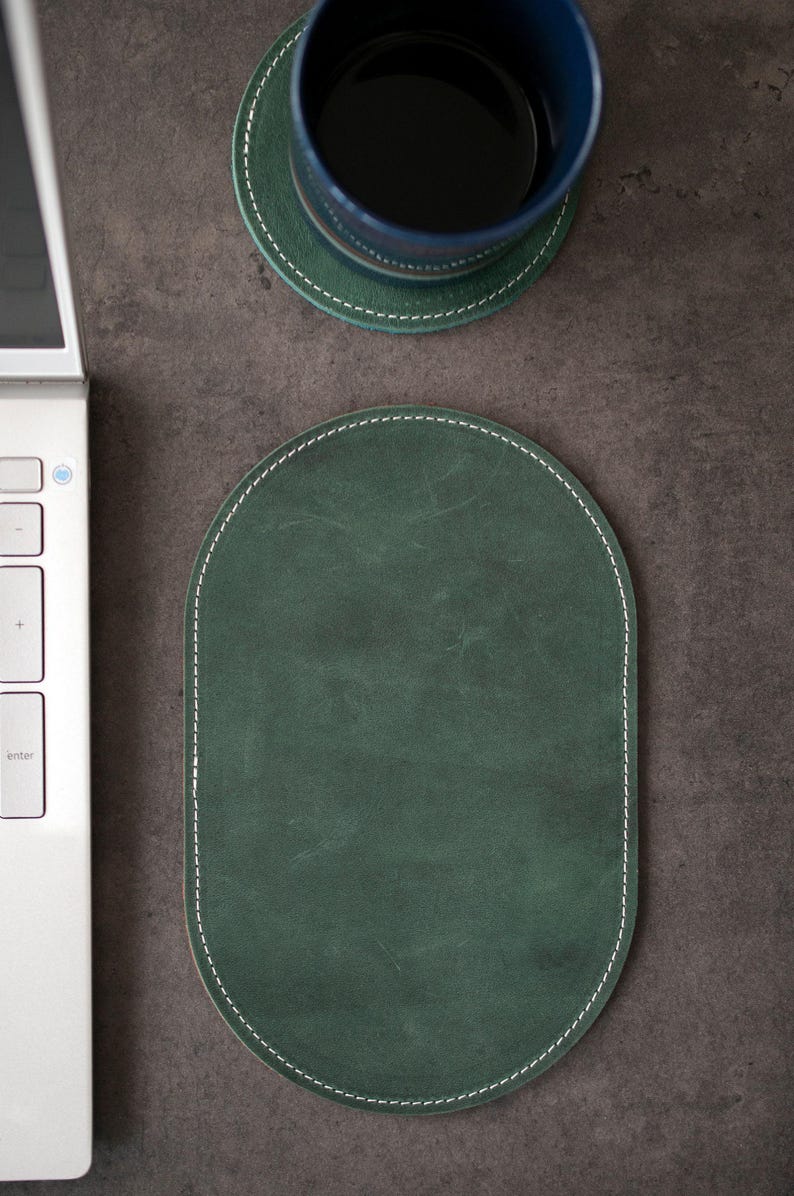 Personalized Small Leather Mouse Pad, Oval Desk Pad for Tight Spaces, Coffee House Desk Pad 3rd Anniversary Gift For Husband Wife