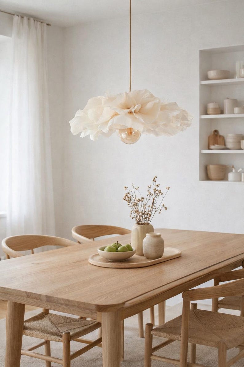 Suspension fleur crème faite main, 50 cm de diamètre, plafonnier en papier écru, éclairage floral bohème