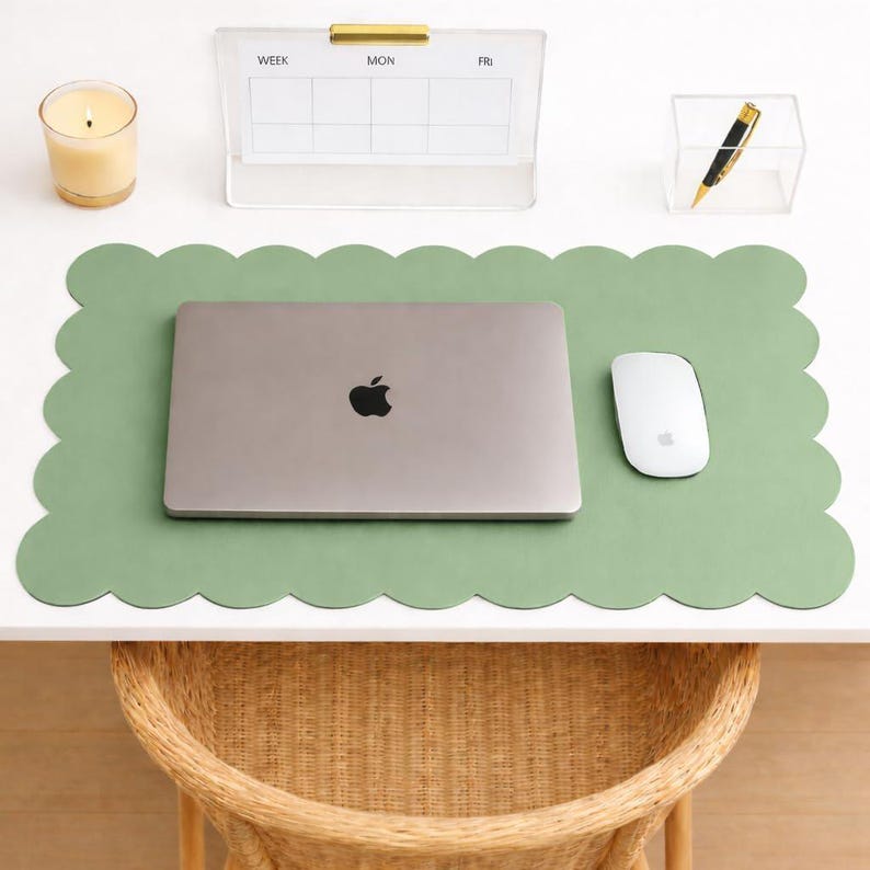 Orelle Scalloped Desk Mat | Vegan Leather Desk Mat for Keyboard and Mouse, Laptop, Makeup Vanity | Computer Desk Pad Mat | 30 x 15”
