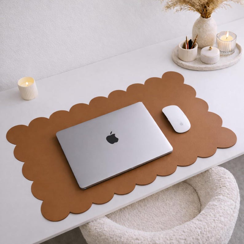 Orelle Scalloped Desk Mat | Vegan Leather Desk Mat for Keyboard and Mouse, Laptop, Makeup Vanity | Computer Desk Pad Mat | 30 x 15”