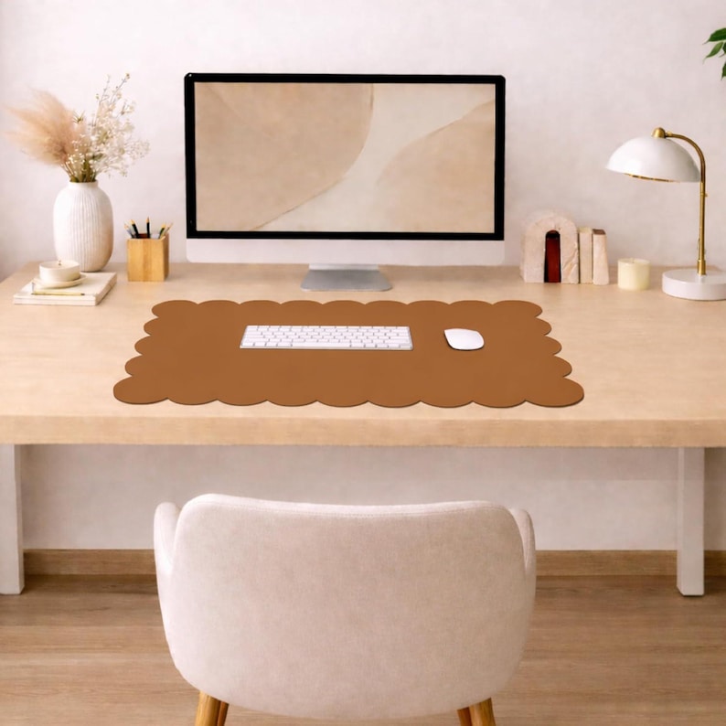 Orelle Scalloped Desk Mat | Vegan Leather Desk Mat for Keyboard and Mouse, Laptop, Makeup Vanity | Computer Desk Pad Mat | 30 x 15”