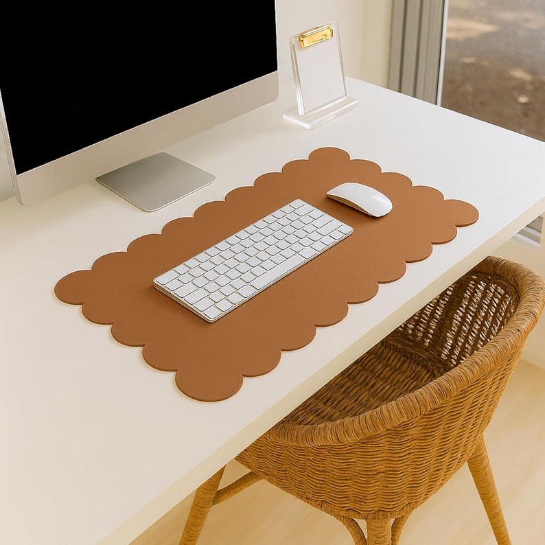 Orelle Scalloped Desk Mat | Vegan Leather Desk Mat for Keyboard and Mouse, Laptop, Makeup Vanity | Computer Desk Pad Mat | 30 x 15”
