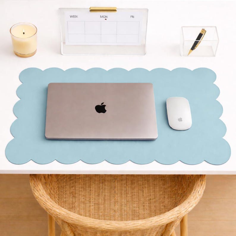 Orelle Scalloped Desk Mat | Vegan Leather Desk Mat for Keyboard and Mouse, Laptop, Makeup Vanity | Computer Desk Pad Mat | 30 x 15”