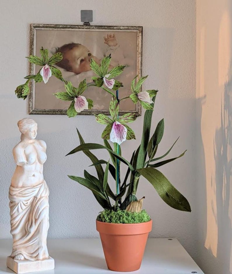 Orchidée fleurs en papier crépon réalistes en pot de terre cuite