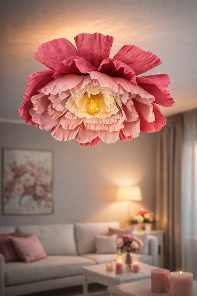 Abat-jour en papier crépon fleur artisanale, plusieurs tailles et couleurs