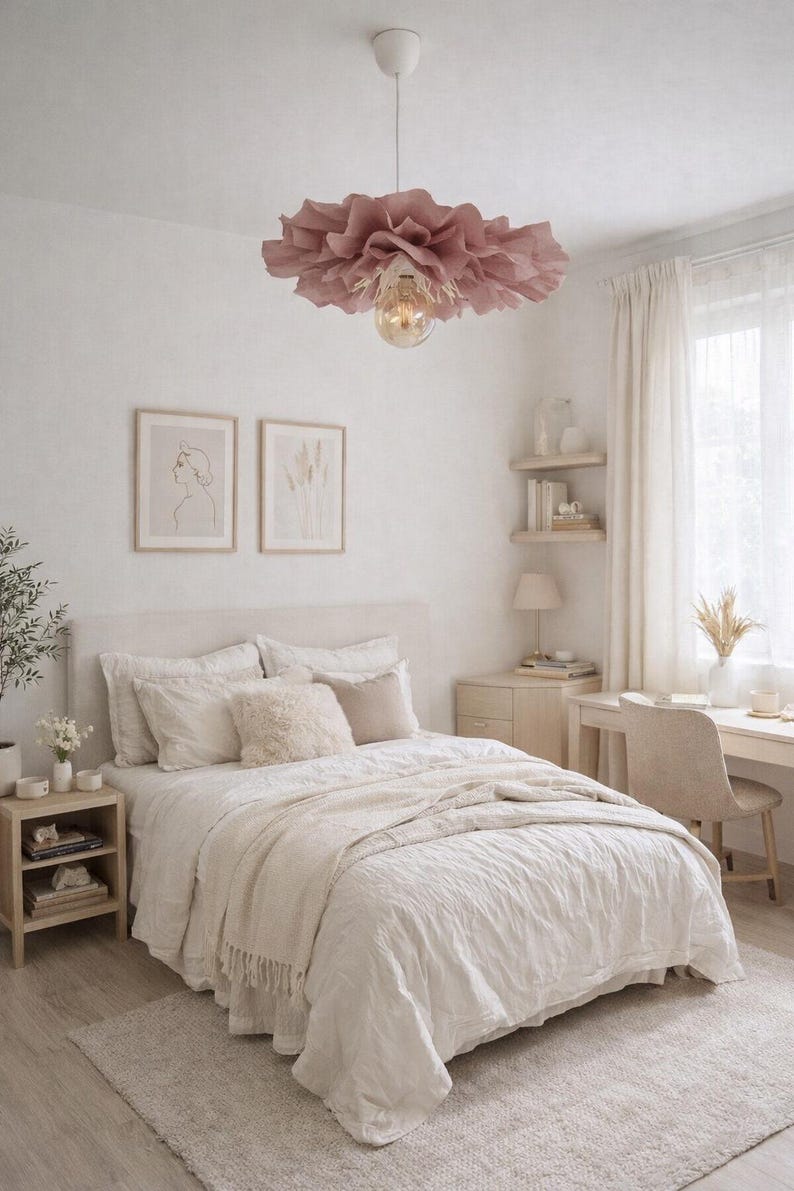 Abat-jour en papier crépon rose poudré, suspension florale artisanale 50 cm