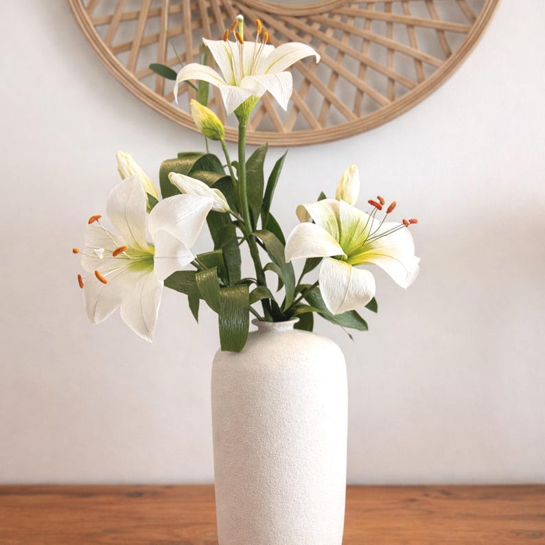 Handmade white crepe paper lily bouquet