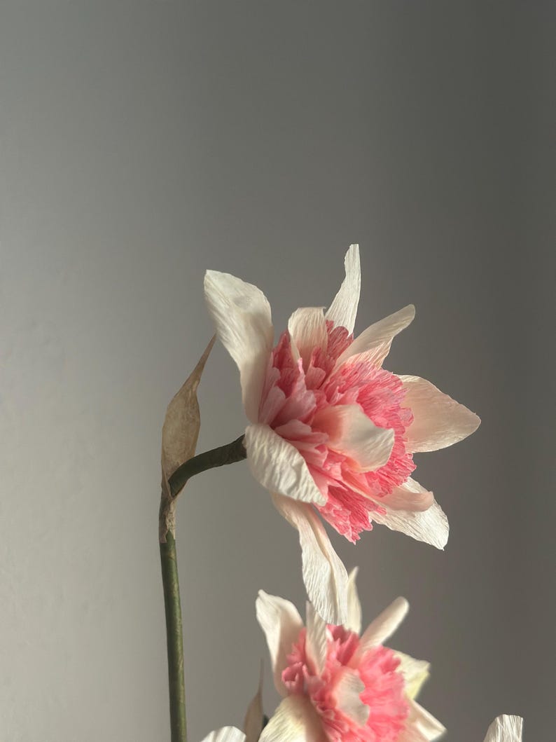 Composition double jonquilles en papier crêpe fait main dans un pot en céramique | Fleurs printanières éternelles réalistes | Cadeau unique pour la fête des mères