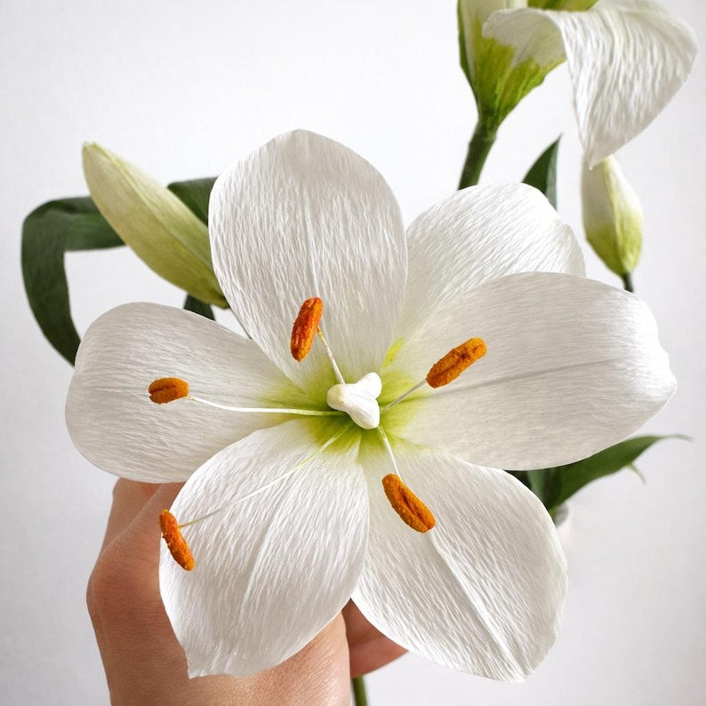 Handmade white crepe paper lily bouquet