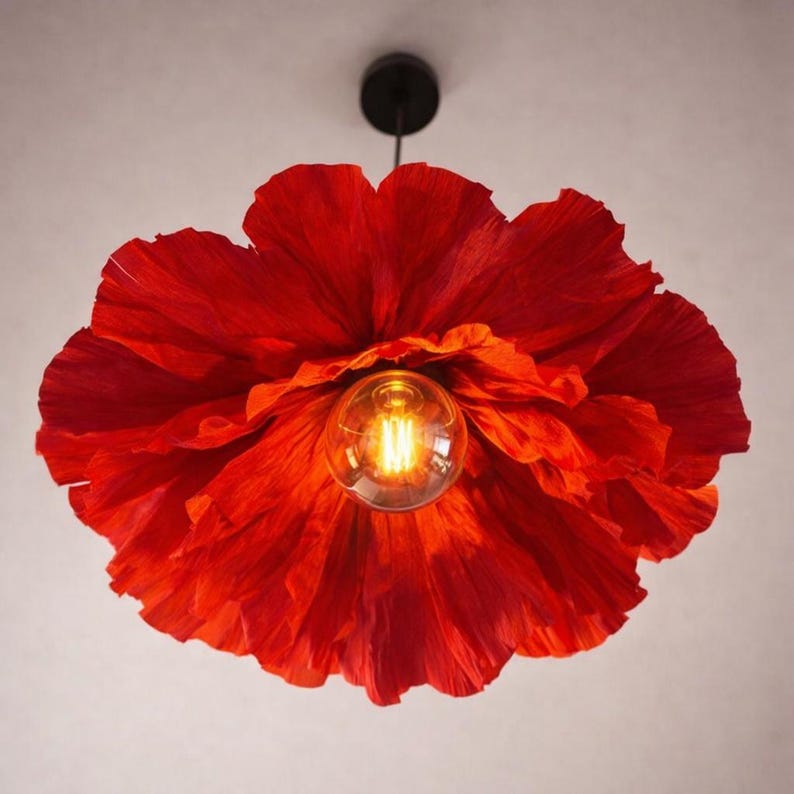 Plafonnier coquelicot rouge, lampe florale suspendue, suspension lumineuse Edison, lustre floral tendance