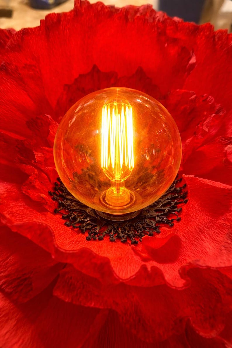 Plafonnier coquelicot rouge, lampe florale suspendue, suspension lumineuse Edison, lustre floral tendance