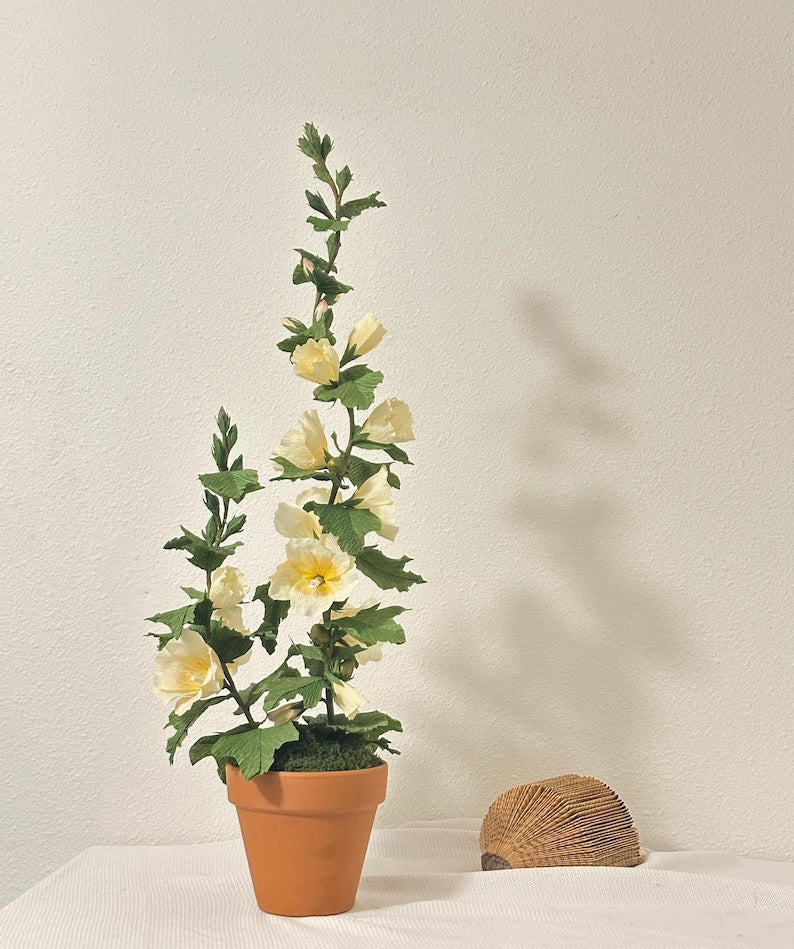 Rose trémière fleurs en papier crépon réalistes en pot décoratif