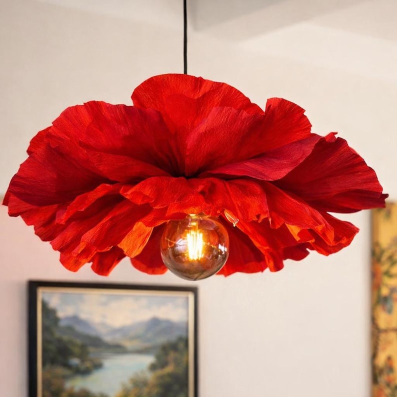 Plafonnier coquelicot rouge, lampe florale suspendue, suspension lumineuse Edison, lustre floral tendance