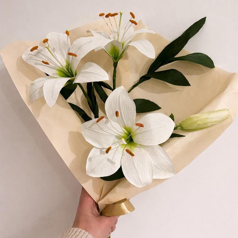 Handmade white crepe paper lily bouquet