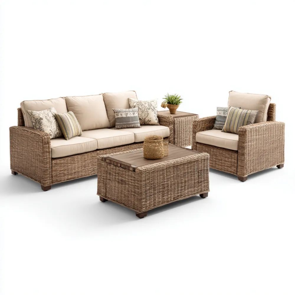 Garten-Sofaset Rattan 3-Sitzer 180x75x70 cm Naturfarben/Beige – Modernes Design