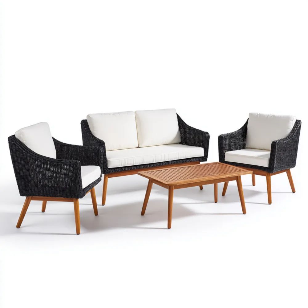 Garten-Sofaset Rattan 125x70x75 cm mit Kissen – Schwarz/Weiß – Modernes Design