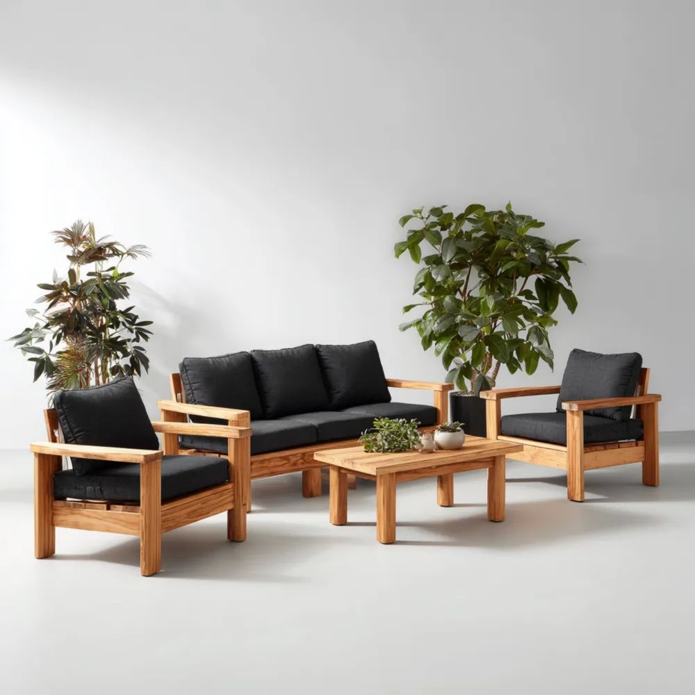Garten-Sofaset aus Massivholz mit 3-Sitzer und 2 Sesseln (180x75x70 cm) - Schwarz/Naturholz